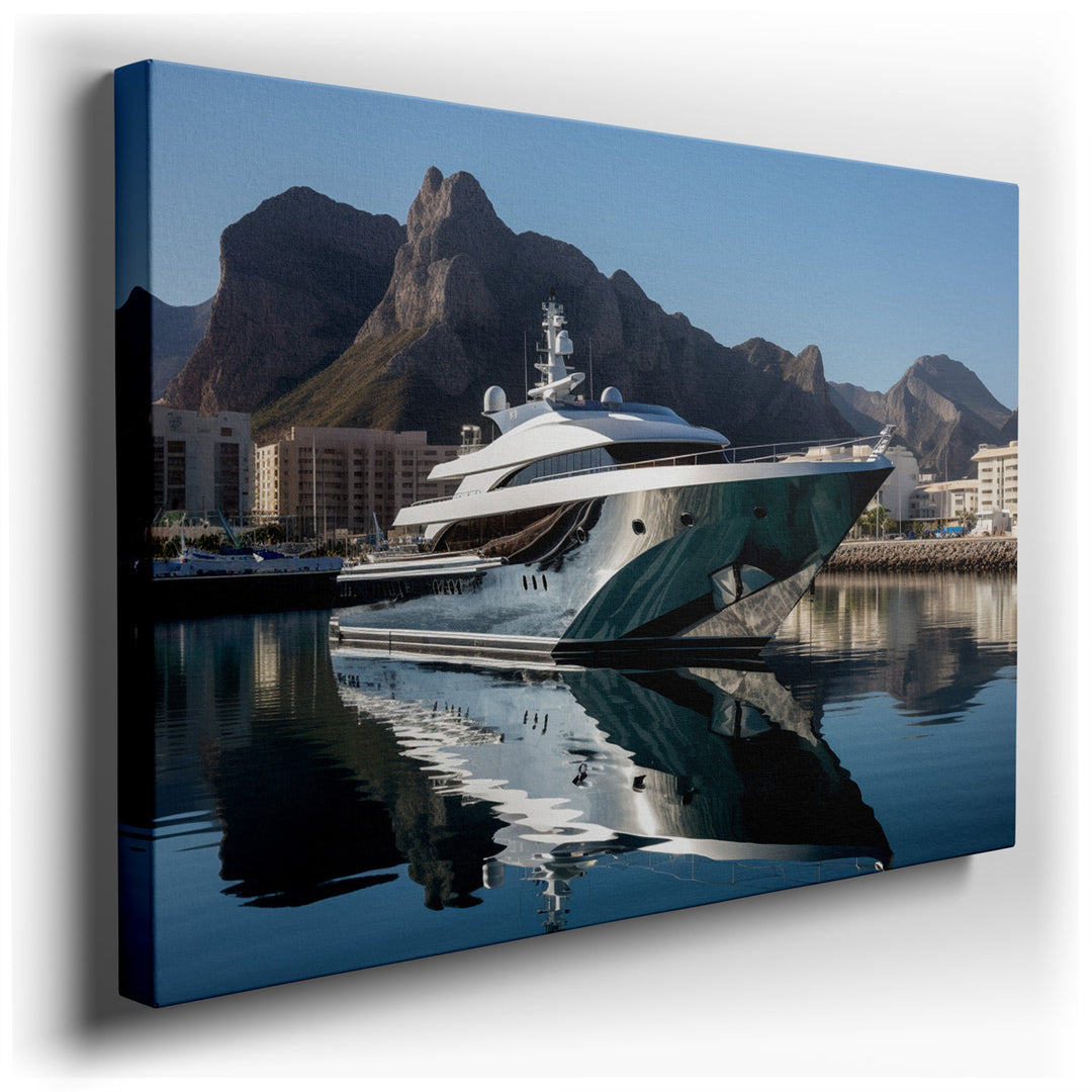 canvas print on wrapped canvas for wall decor – This exquisite wall art captures the essence of serene coastal luxury, depicting a magnificent yacht moored in the tranq...