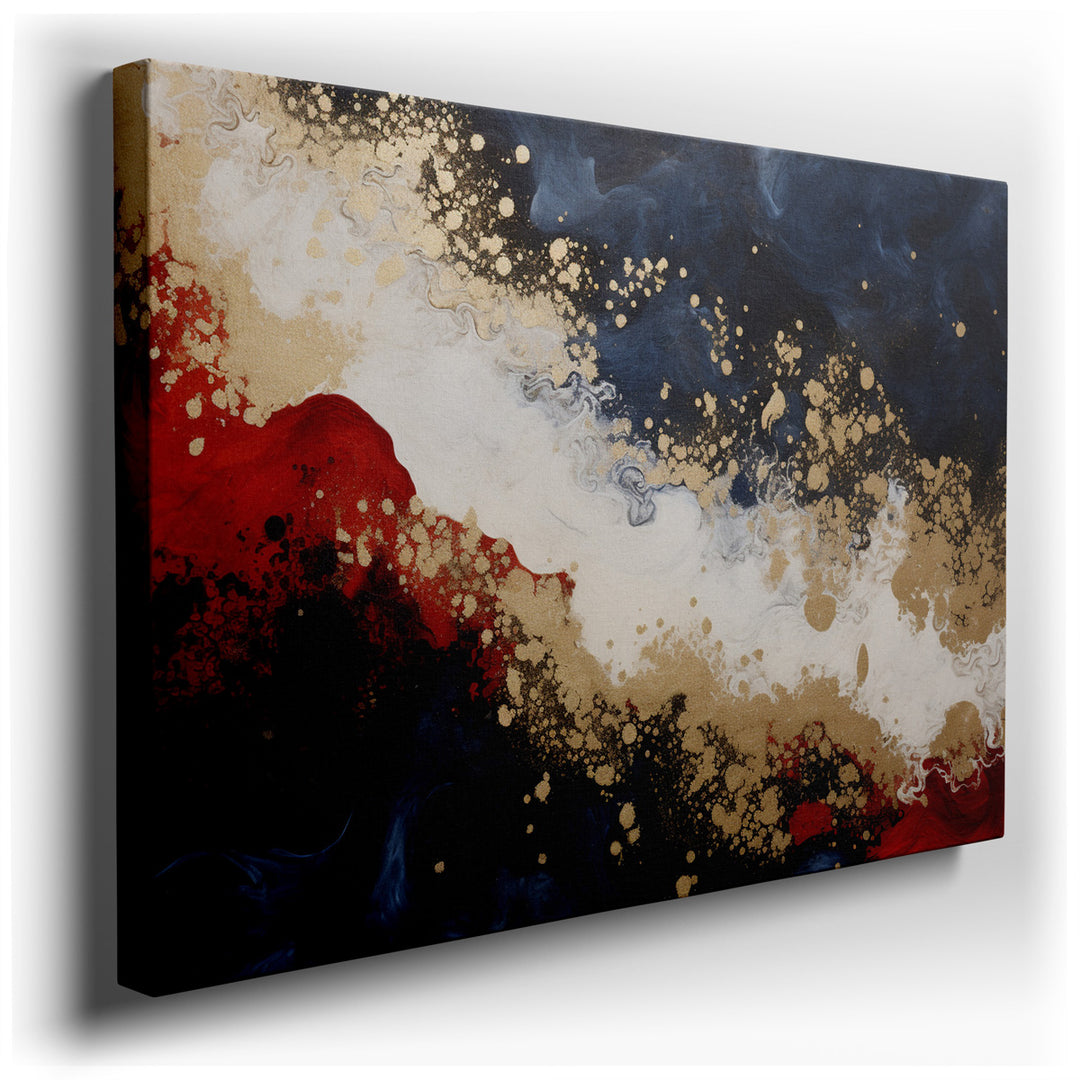 canvas print on wrapped canvas for wall decor – This wall art, a mesmerizing composition of gold, deep blue, and bold red, is a masterpiece of abstract art that command...
