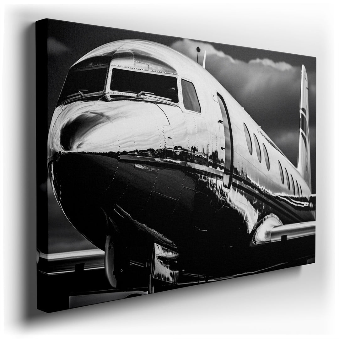 canvas print on wrapped canvas for wall decor – This wall art captures the essence of luxury and high-end travel through its depiction of a polished silver private jet,...