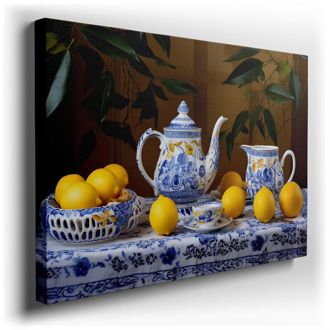 canvas print on wrapped canvas for wall decor – This wall art, a delightful depiction of an elegant tea set accompanied by fresh lemons on a beautifully patterned table...