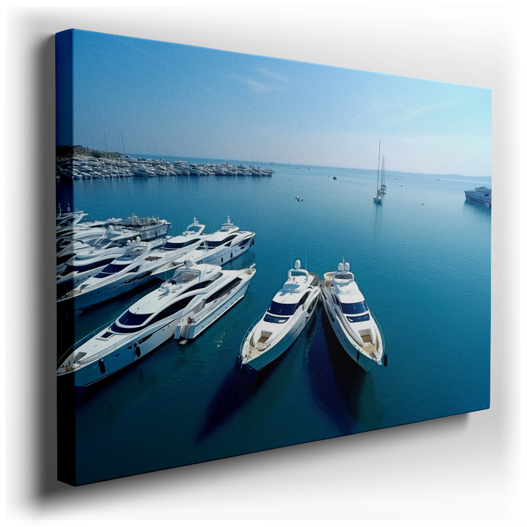 canvas print on wrapped canvas for wall decor – This exquisite wall art captures a serene tableau of luxury and tranquility, depicting several opulent yachts anchored i...