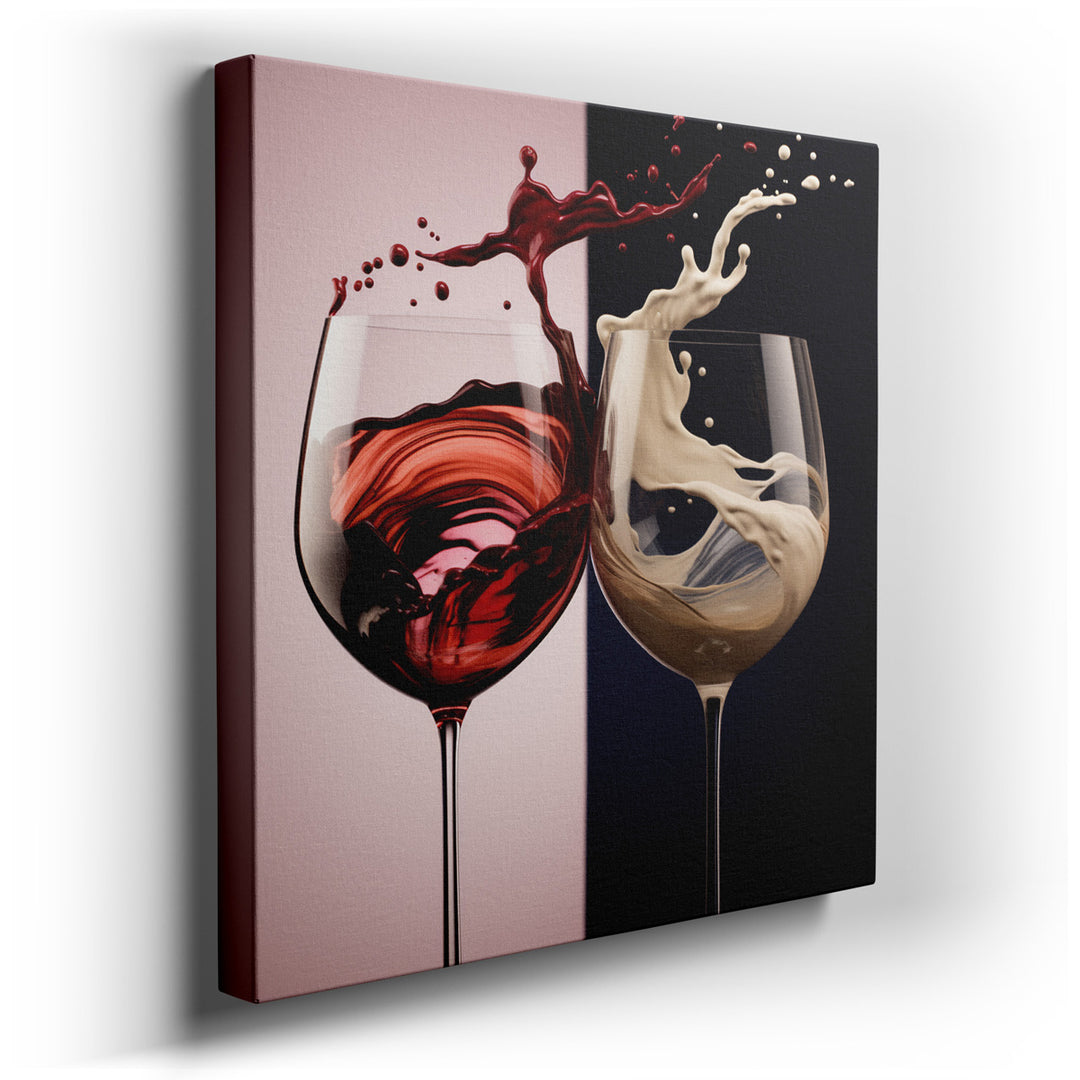 canvas print on wrapped canvas for wall decor – This wall art, a masterful depiction of sensory indulgence and aesthetic elegance, portrays two glasses mid-toast, one b...