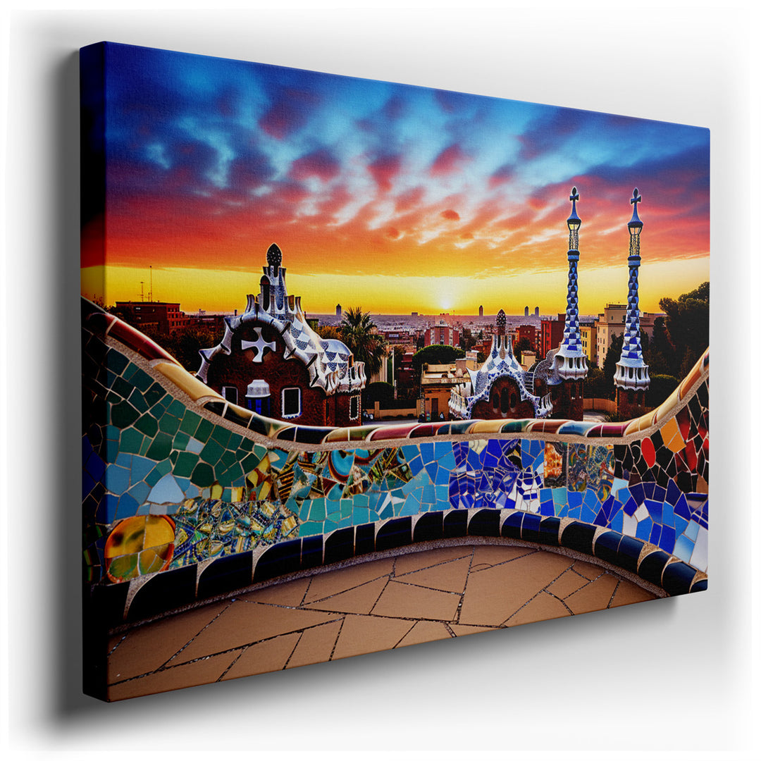 canvas print on wrapped canvas for wall decor – This exquisite wall art offers a mesmerizing depiction of Park Güell, one of the most emblematic works of Antoni Gaudí,...