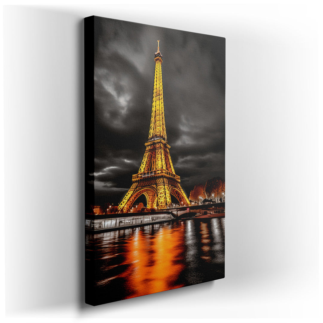 canvas print on wrapped canvas for wall decor – This captivating wall art portrays the iconic Eiffel Tower, a symbol of romance and architectural marvel, bathed in a go...