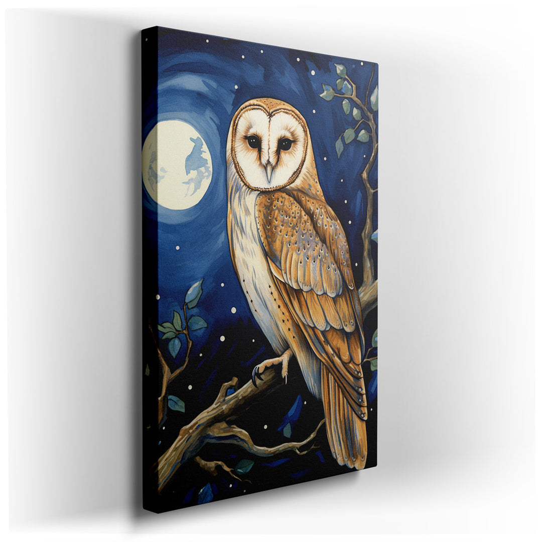 canvas print on wrapped canvas for wall decor – This captivating wall art portrays a barn owl, poised elegantly against a backdrop of a starry night sky, creating a mes...