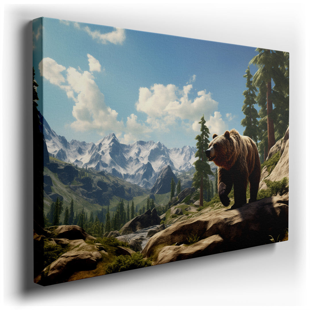 canvas print on wrapped canvas for wall decor – This wall art, a masterful depiction of a majestic bear confidently traversing a picturesque mountain landscape, is a tr...