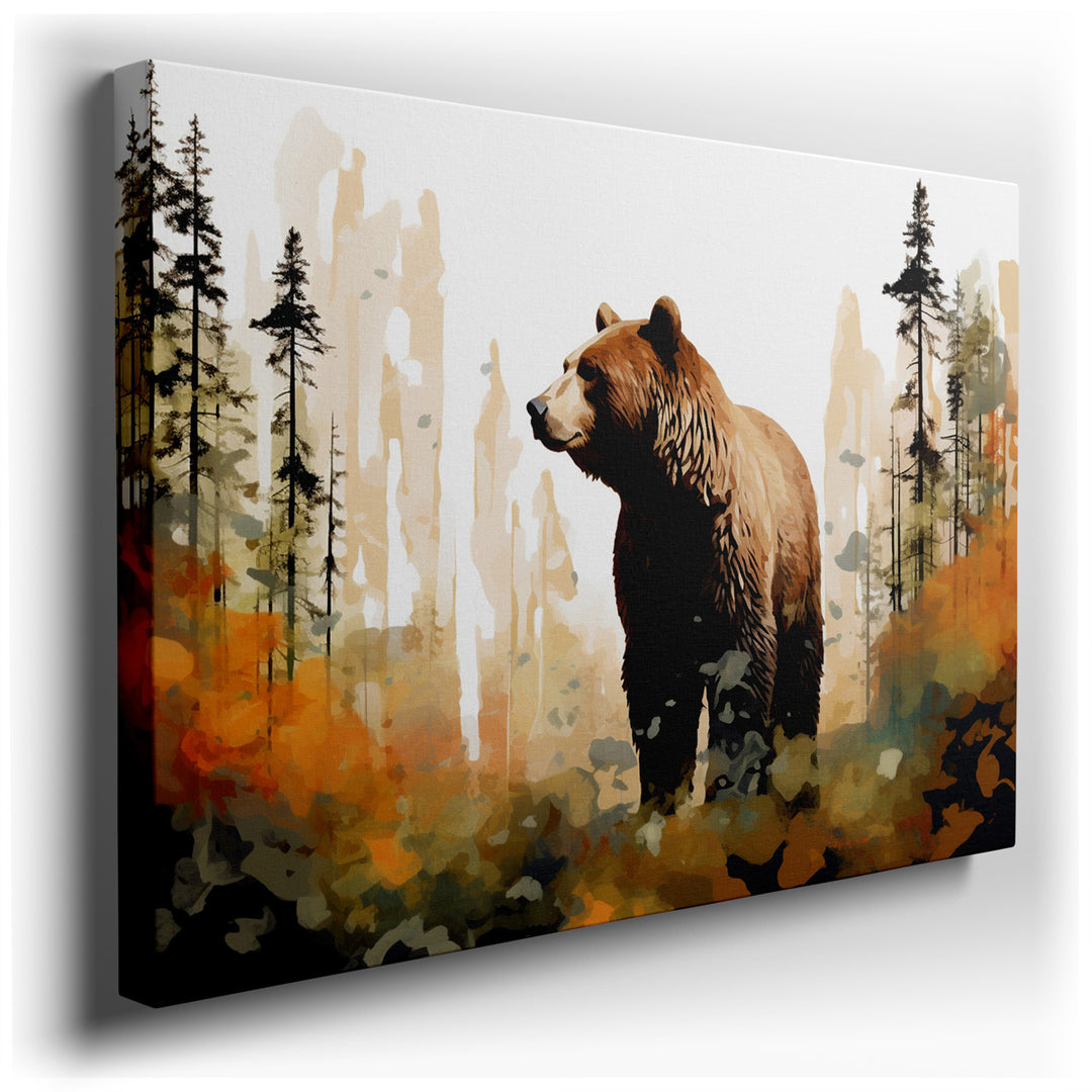 canvas print on wrapped canvas for wall decor – This captivating wall art presents a powerful depiction of a bear, masterfully rendered amidst a vivid and abstract port...