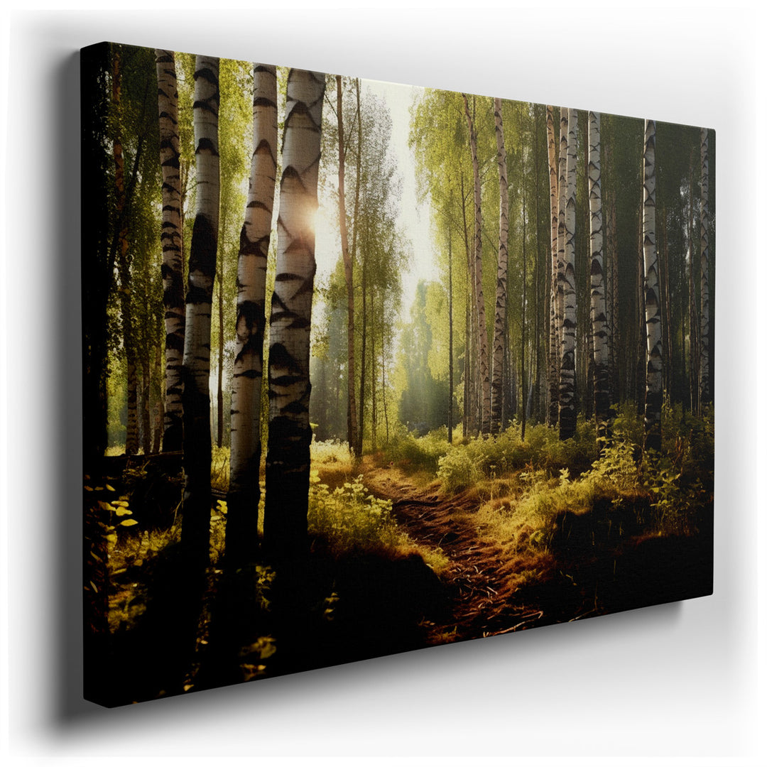 canvas print on wrapped canvas for wall decor – This captivating wall art masterfully captures the serene and enchanting essence of a lush forest, where tall birch tree...