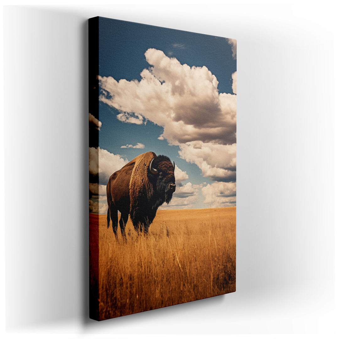 canvas print on wrapped canvas for wall decor – This wall art captures the majestic presence of a powerful bison standing gracefully in the midst of a vast golden prair...