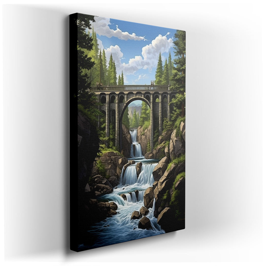 canvas print on wrapped canvas for wall decor – This enchanting wall art captures a majestic bridge gracefully arching over a series of cascading waterfalls, creating a...