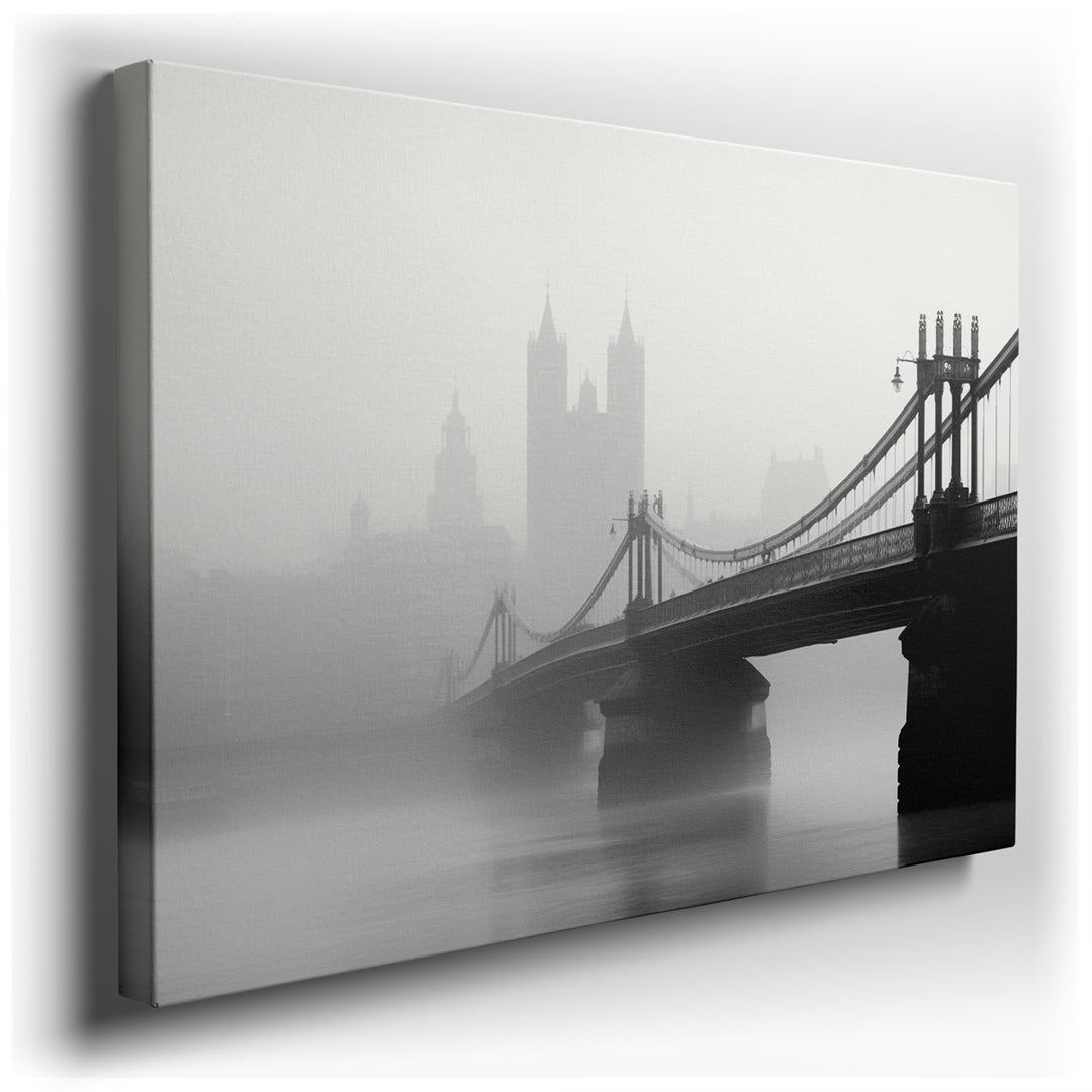 canvas print on wrapped canvas for wall decor – This wall art, a monochrome masterpiece, eloquently captures the essence of a foggy urban landscape, where the grandeur...