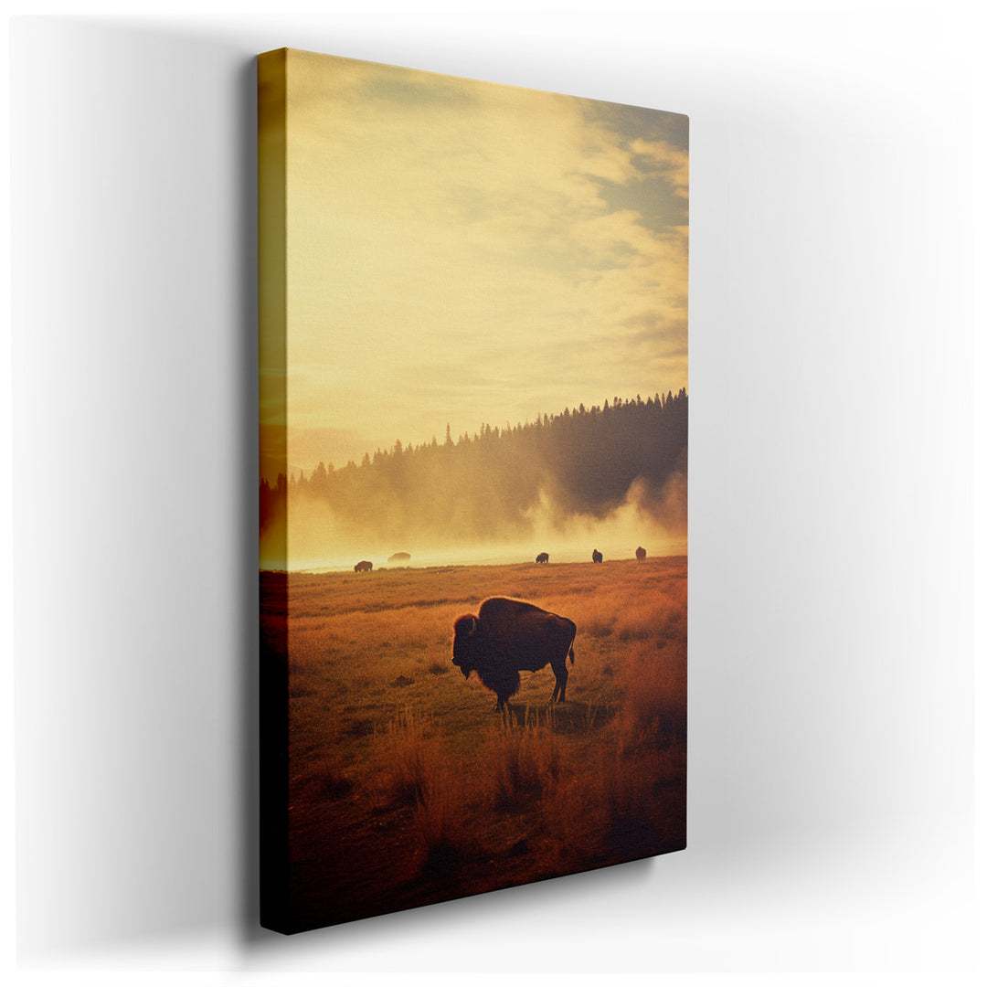 canvas print on wrapped canvas for wall decor – This wall art captures a serene and evocative scene of a lone buffalo grazing in the foreground, set against the backdro...