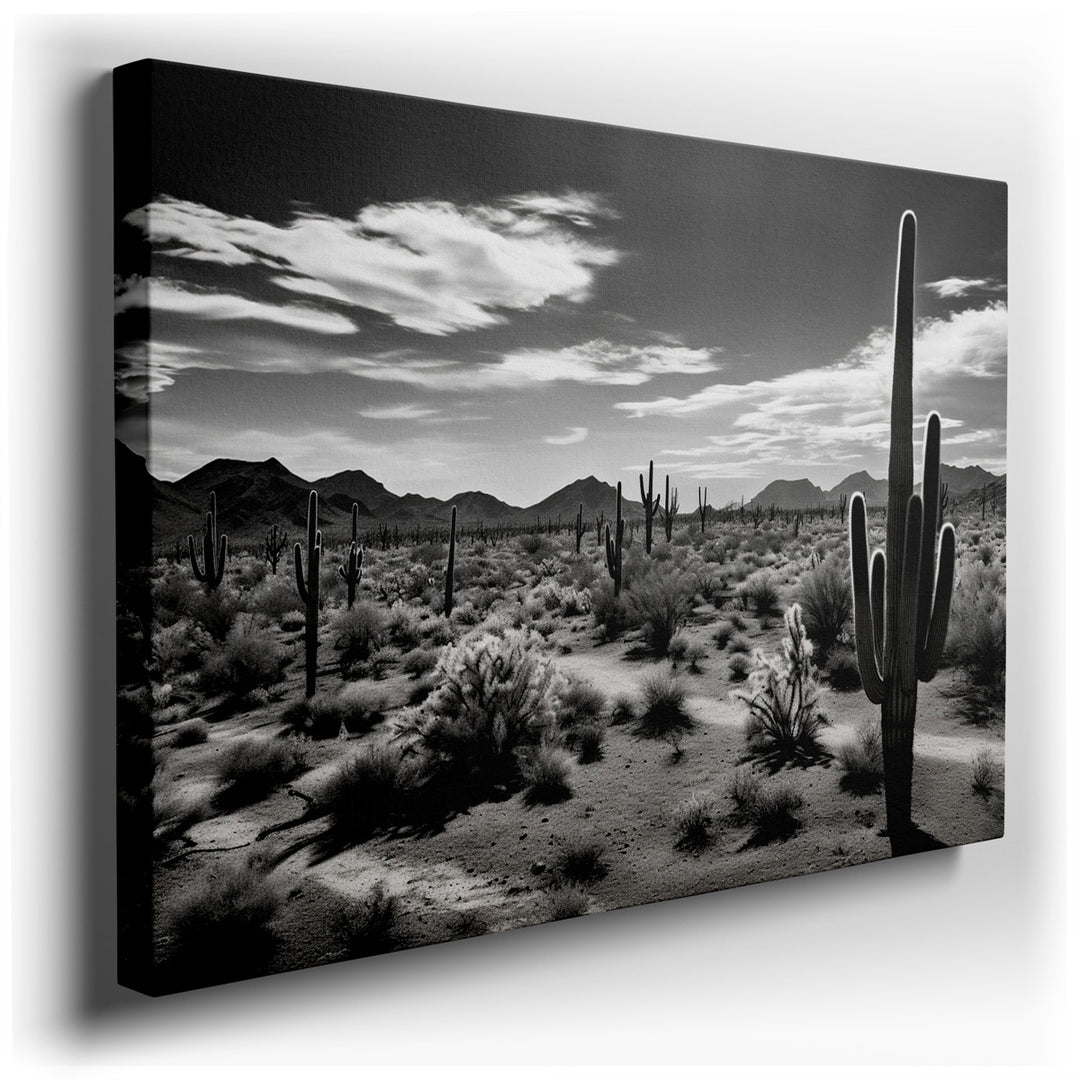 canvas print on wrapped canvas for wall decor – This wall art, an evocative monochromatic desert landscape, masterfully captures the essence of a serene yet harsh arid...