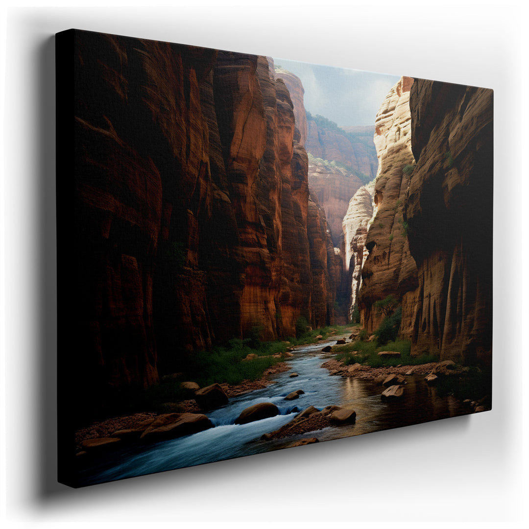 canvas print on wrapped canvas for wall decor – This wall art captures a majestic canyon landscape, where the interplay of light and shadow brings the scene to life wit...