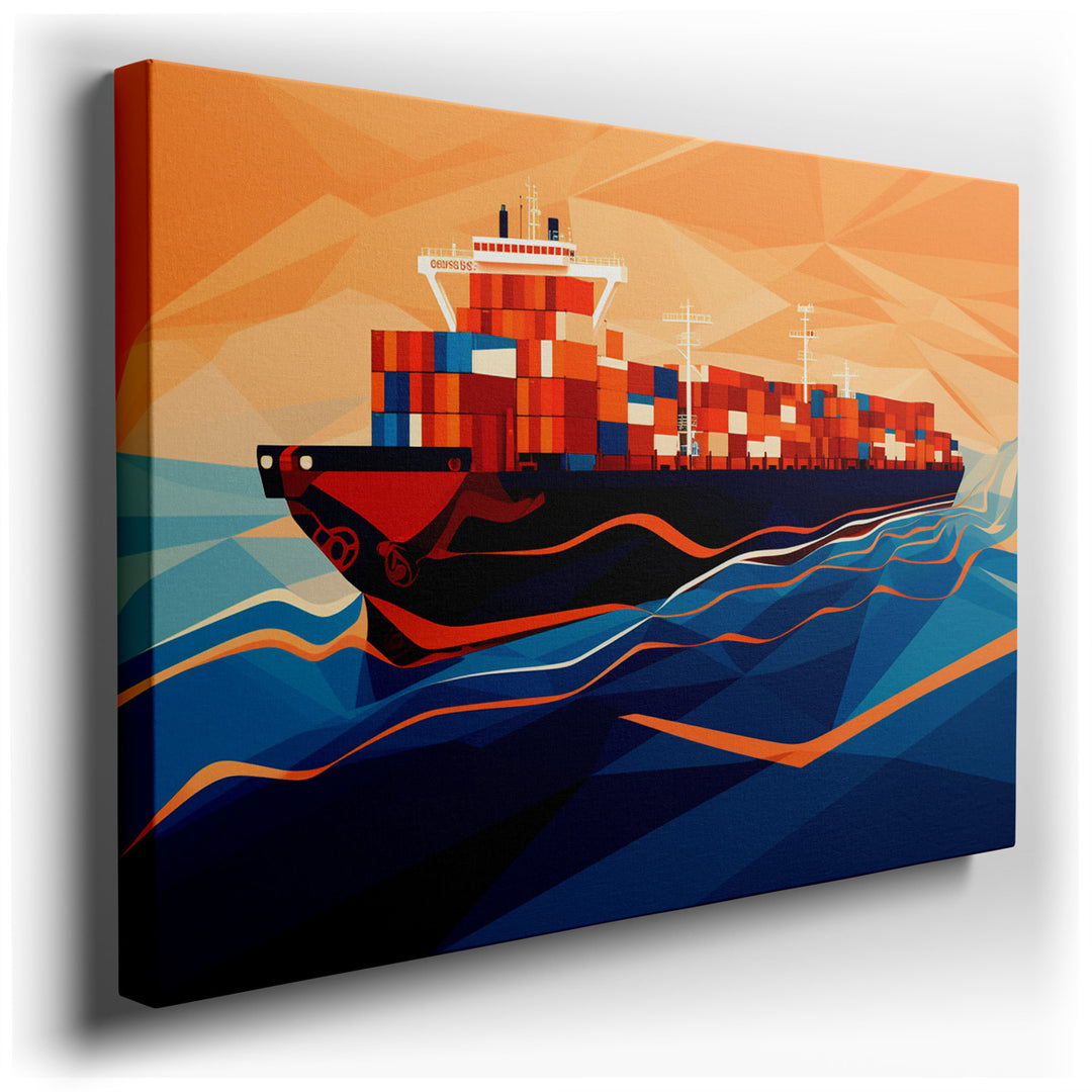 canvas print on wrapped canvas for wall decor – This wall art is a captivating portrayal of a large cargo ship, laden with a myriad of colorful containers, as it gracef...