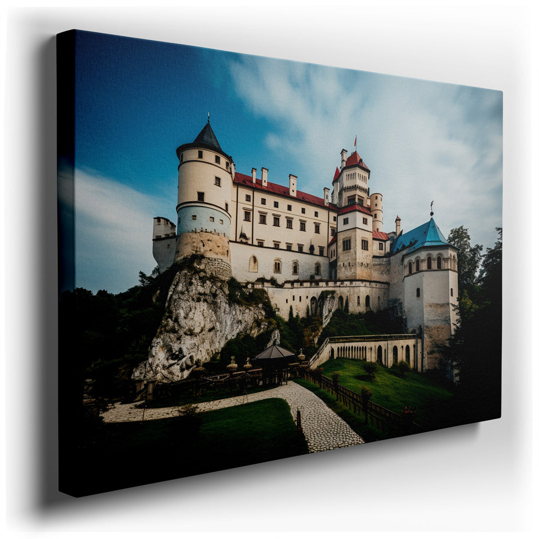 canvas print on wrapped canvas for wall decor – This enchanting wall art captures the majestic beauty of a castle perched precariously on a rugged cliff, its ancient st...