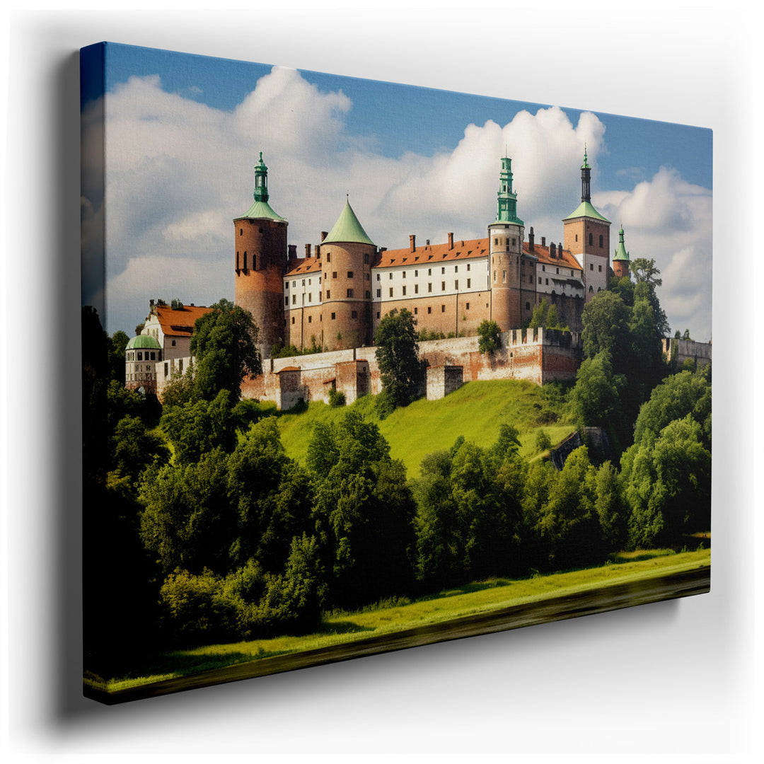 canvas print on wrapped canvas for wall decor – This wall art captures the essence of a historical castle, perched majestically atop a hill, enveloped by lush greenery...