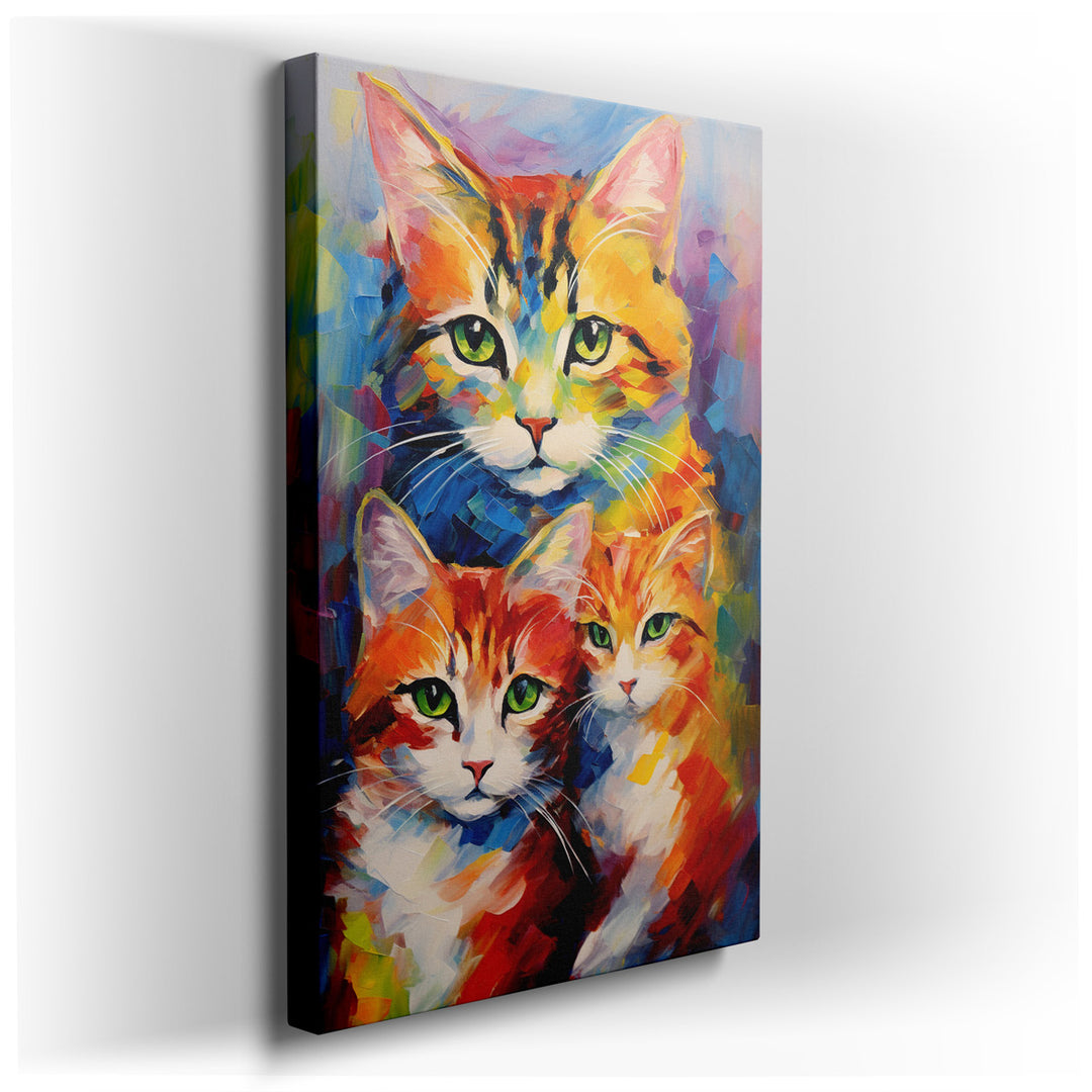 canvas print on wrapped canvas for wall decor – This exquisite wall art captures the essence of feline majesty through the portrayal of three cats, each depicted with a...