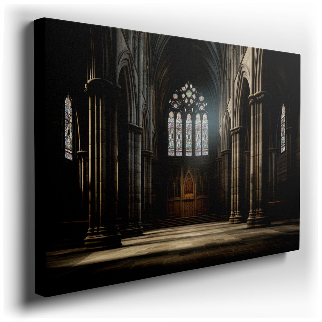 canvas print on wrapped canvas for wall decor – The wall art captures the grandeur and spiritual ambiance of a majestic cathedral's interior, a masterpiece of architect...