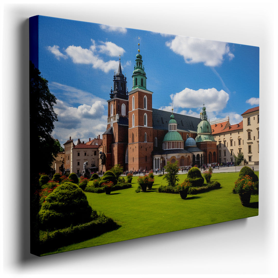 canvas print on wrapped canvas for wall decor – This wall art captures the grandeur of a majestic cathedral, an architectural marvel that rises boldly into a vast, azur...
