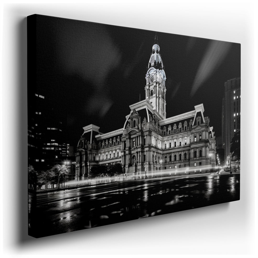 canvas print on wrapped canvas for wall decor – This sophisticated black and white photograph captures the grandeur of a historic City Hall building, masterfully illumi...