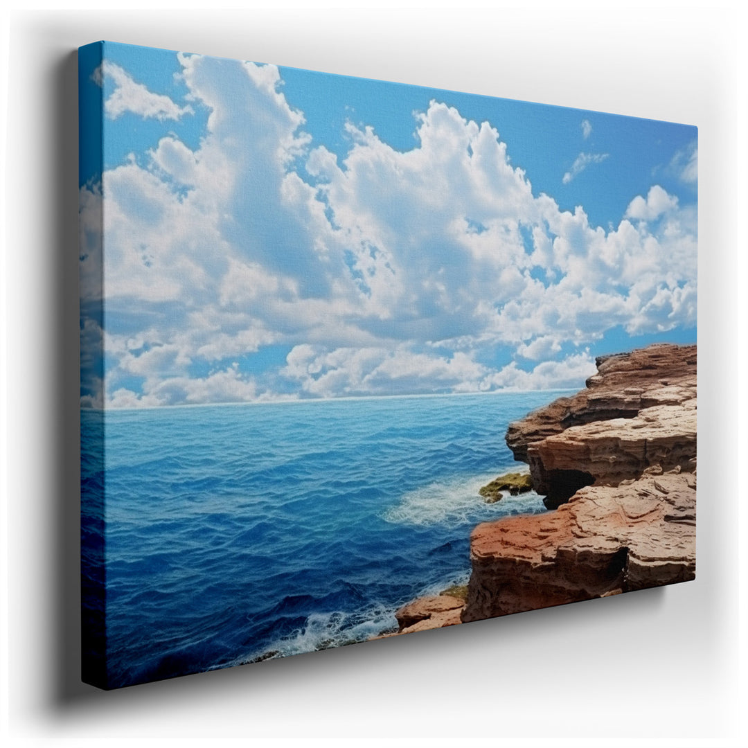 canvas print on wrapped canvas for wall decor – This wall art, a captivating seascape, masterfully captures the awe-inspiring interaction between majestic cliffs and th...