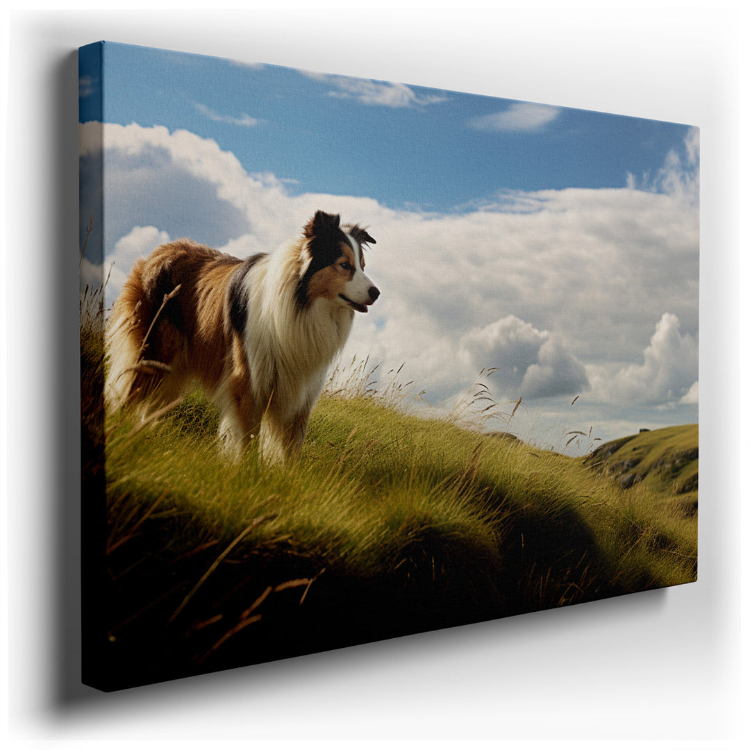 canvas print on wrapped canvas for wall decor – This enchanting wall art captures the serene beauty of a majestic collie standing proudly atop a lush green hillside. Th...