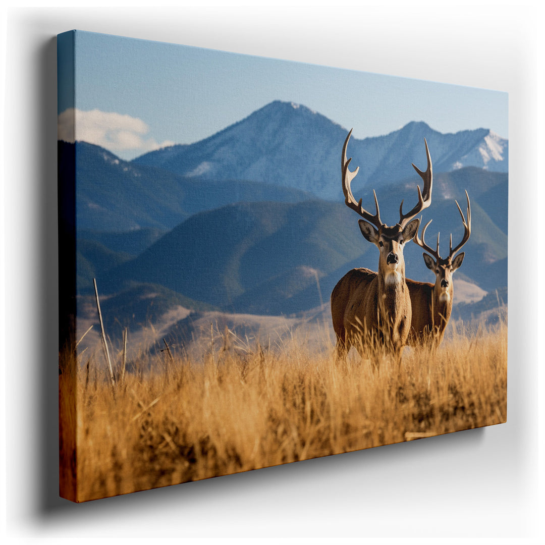 canvas print on wrapped canvas for wall decor – This exquisite wall art captures a serene moment in nature, featuring two majestic deer poised elegantly in a lush, gold...