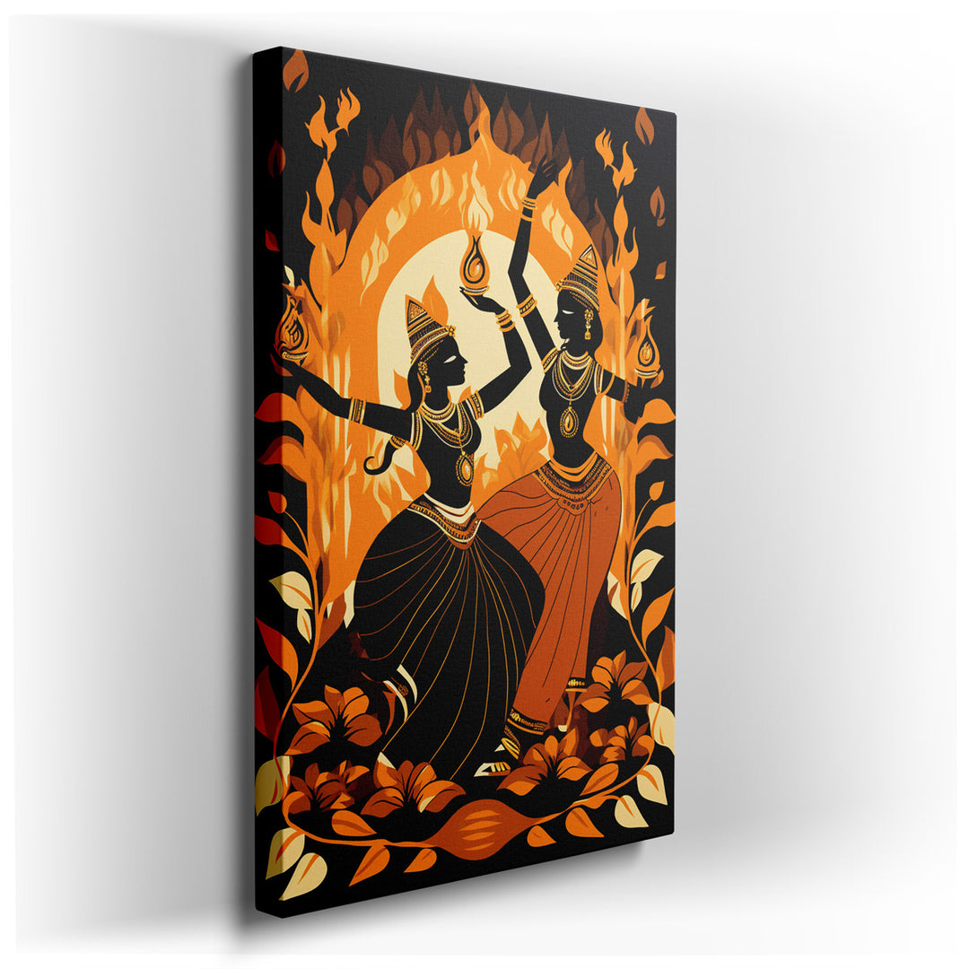 canvas print on wrapped canvas for wall decor – This enchanting wall art captures the ethereal beauty and dynamic energy of two goddesses engaged in a dance of celebrat...