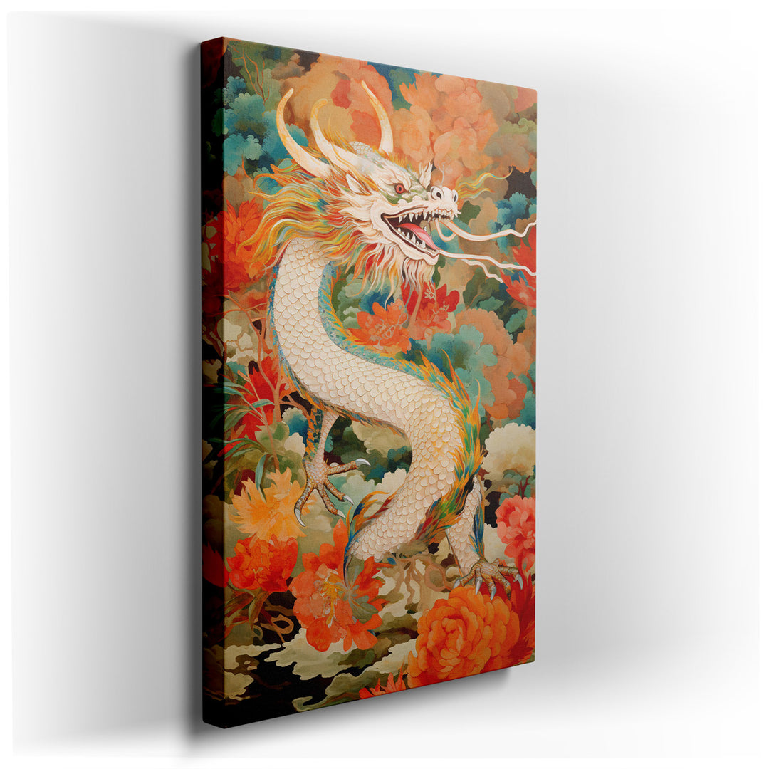 canvas print on wrapped canvas for wall decor – This exquisite wall art, a masterful blend of myth and nature, portrays a majestic dragon entwined among a cascade of vi...