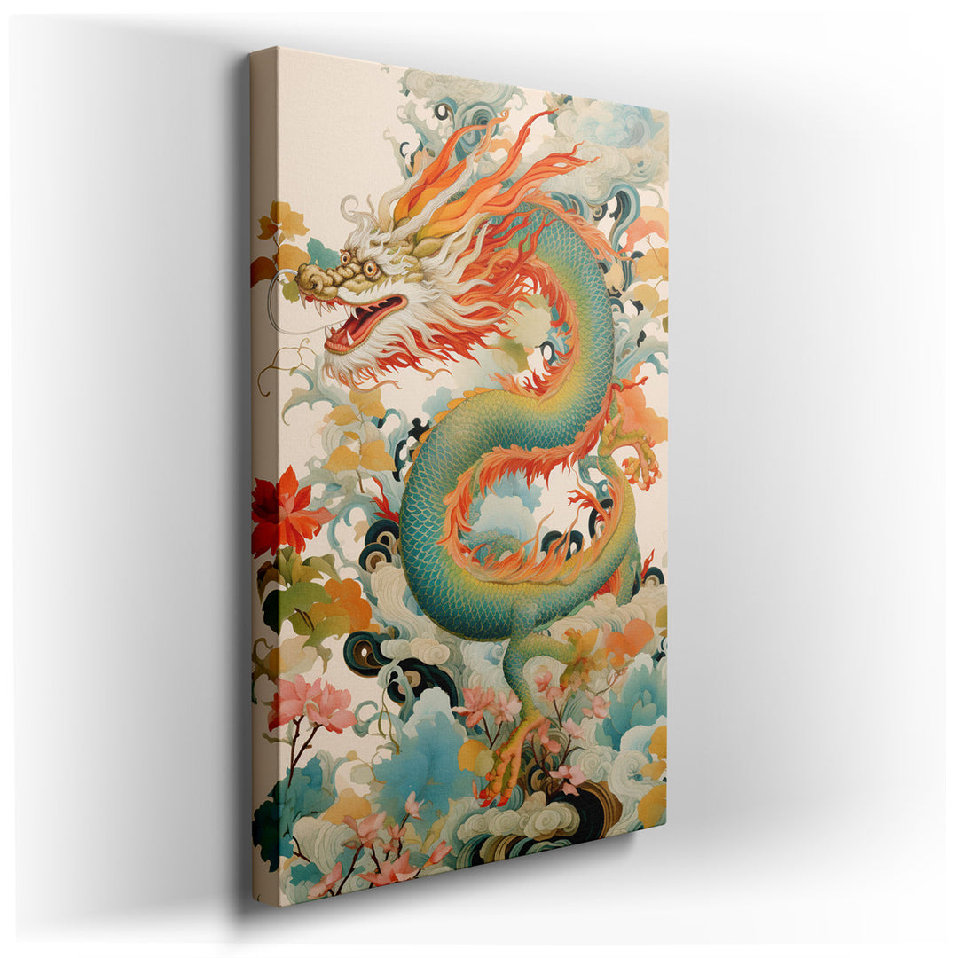canvas print on wrapped canvas for wall decor – This captivating wall art portrays a majestic dragon, gracefully coiling its elongated body among ethereal, swirling clo...