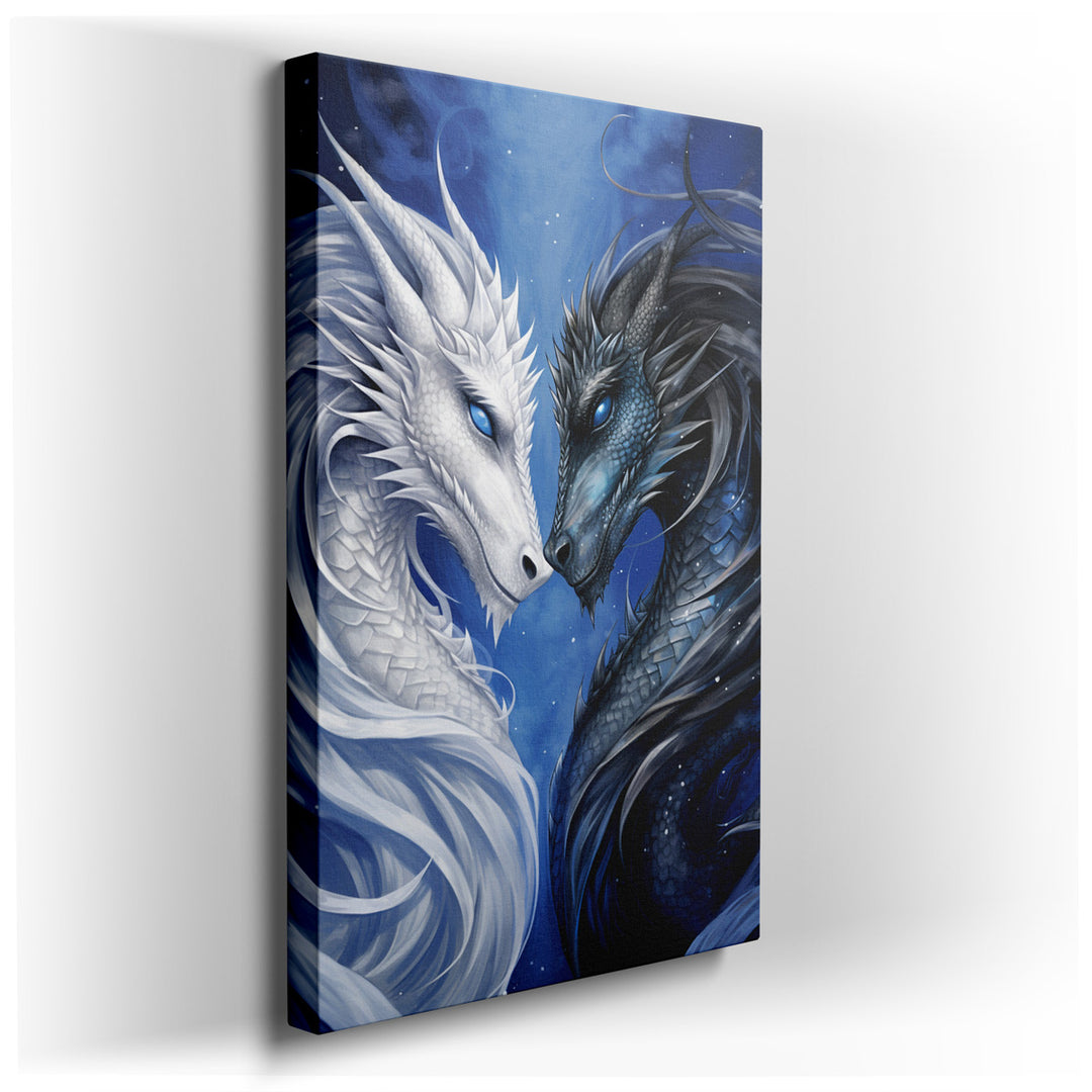 canvas print on wrapped canvas for wall decor – This captivating wall art, a masterful depiction of two majestic dragons, one white and one black, facing each other, is...