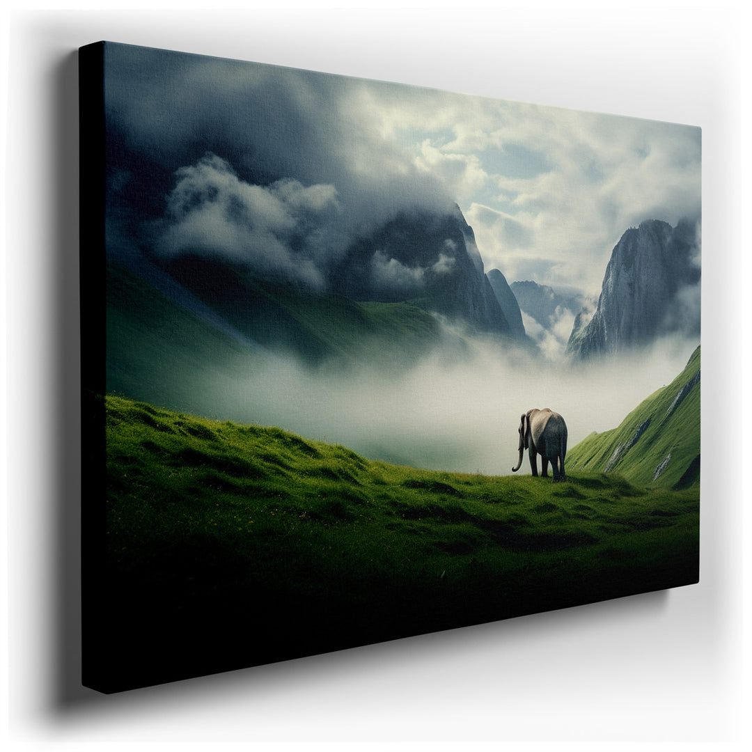 canvas print on wrapped canvas for wall decor – This exquisite wall art captures the majestic essence of a lone elephant standing against a serene backdrop of mist-ensh...