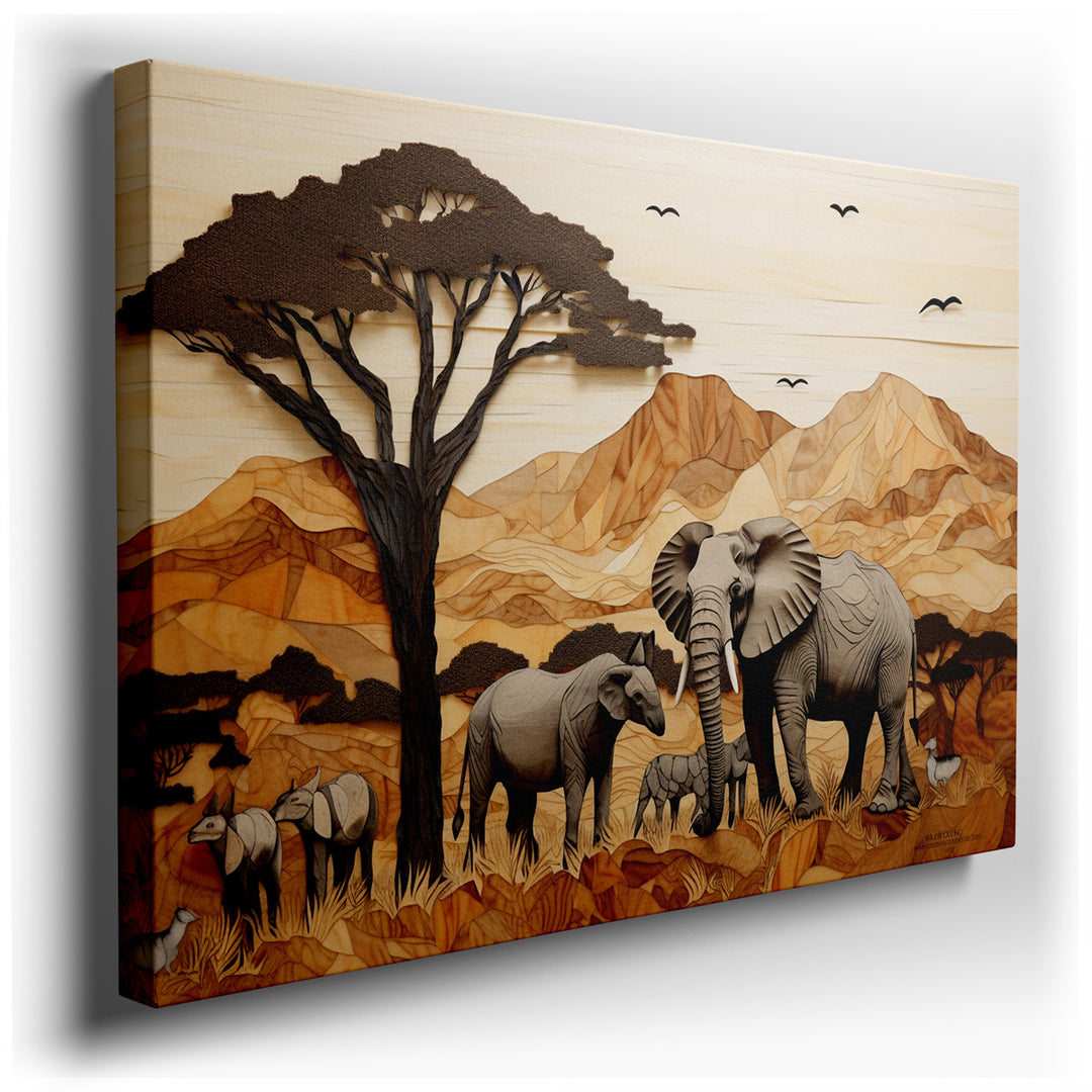 canvas print on wrapped canvas for wall decor – This exquisite wooden wall art, masterfully carved, presents a serene depiction of a family of elephants set against a l...