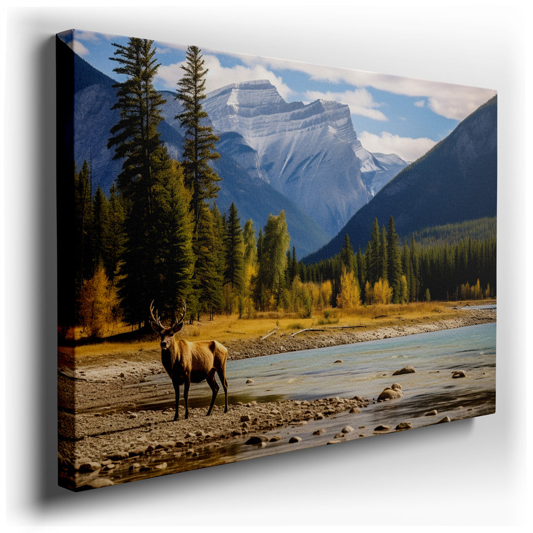 canvas print on wrapped canvas for wall decor – This exquisite wall art portrays a majestic elk, poised elegantly beside a tranquil river that meanders through a verdan...