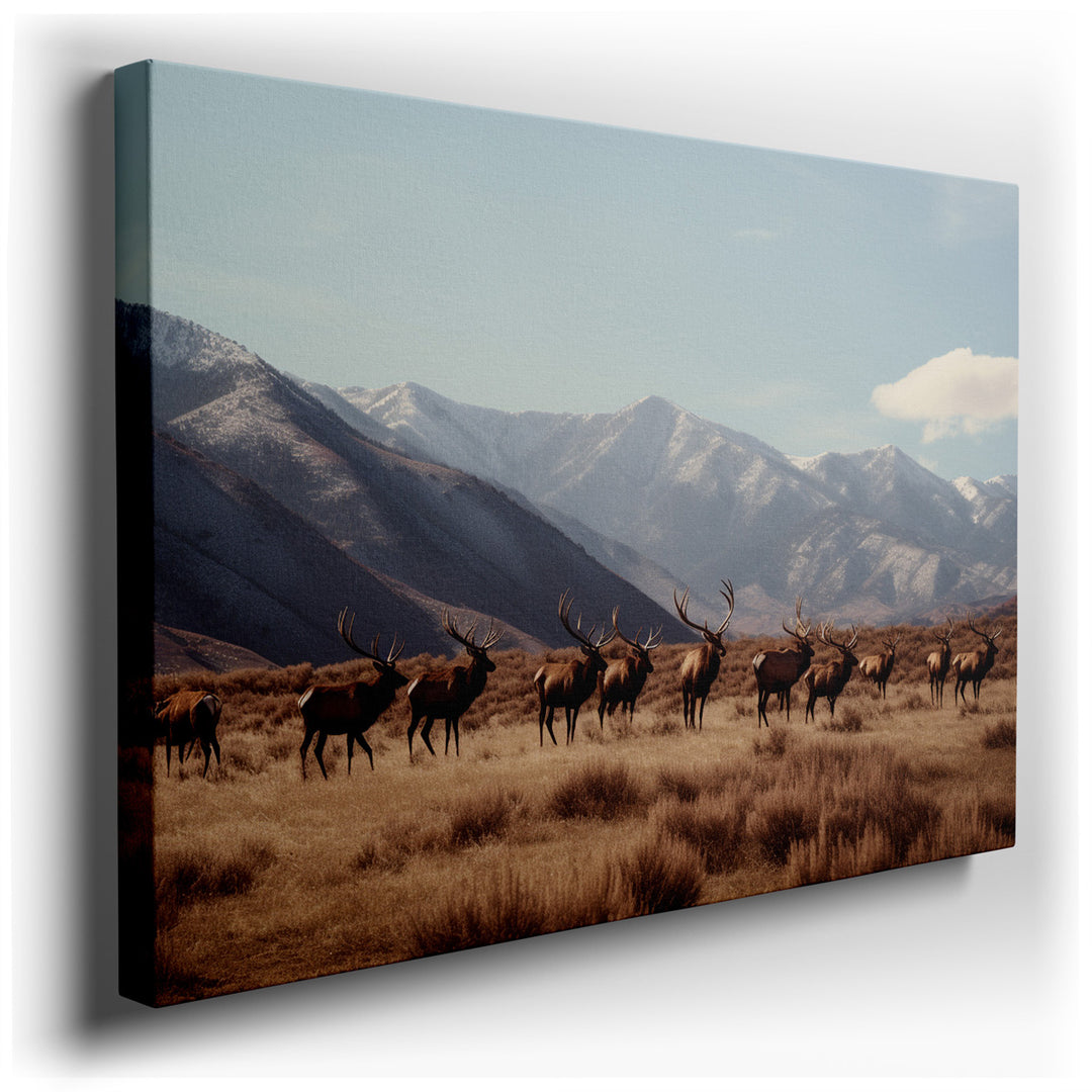 canvas print on wrapped canvas for wall decor – This wall art captures a grand and serene scene of a herd of elk grazing in a breathtaking mountain landscape, an artwor...