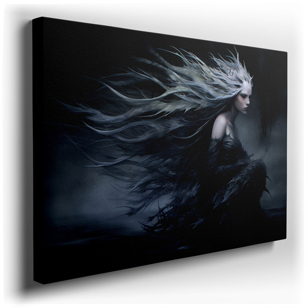 canvas print on wrapped canvas for wall decor – This wall art, a captivating portrayal of an elegant and ethereal woman enveloped in a swirling darkness, is a masterpie...