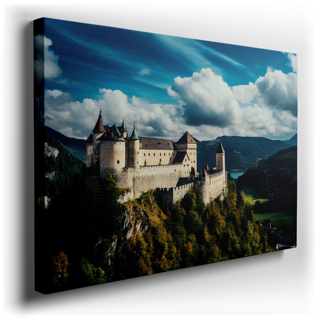 canvas print on wrapped canvas for wall decor – This wall art captures a majestic fortress castle, its imposing stone walls and towers standing as a testament to ancien...