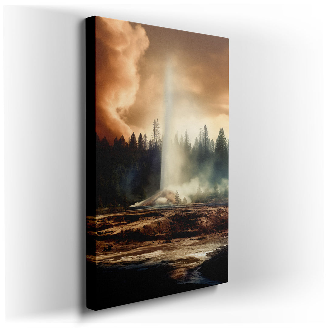 canvas print on wrapped canvas for wall decor – This wall art captures a truly awe-inspiring natural spectacle, the eruption of a majestic geyser, set against a backdro...