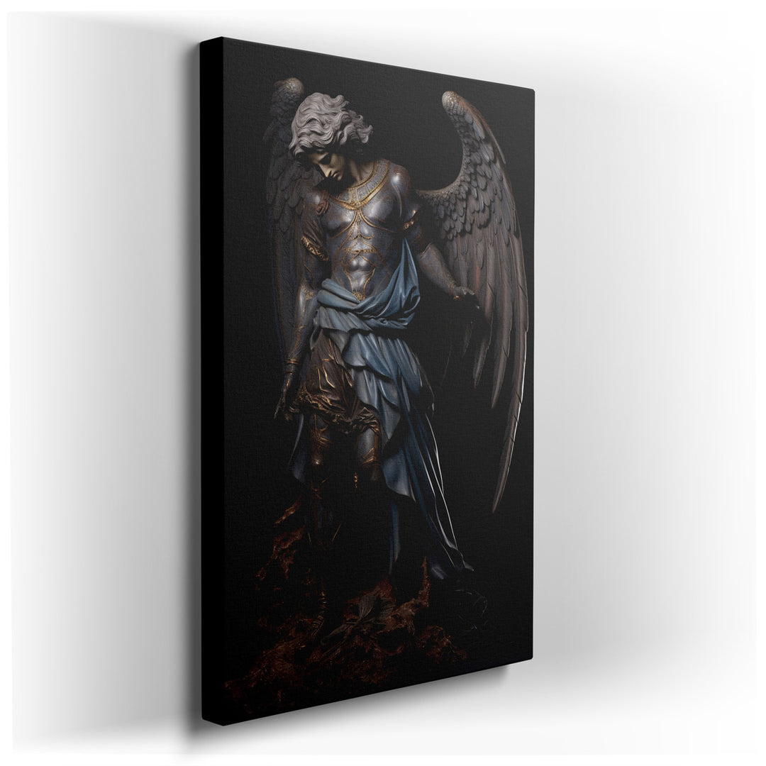 canvas print on wrapped canvas for wall decor – This exquisite wall art captures the ethereal presence of a majestic angelic figure, a celestial guardian depicted in a...