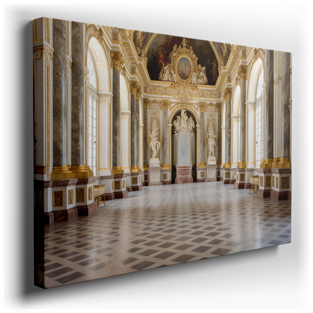 canvas print on wrapped canvas for wall decor – The wall art in question captures the essence of a grand hall, meticulously detailed to reflect the pinnacle of architec...