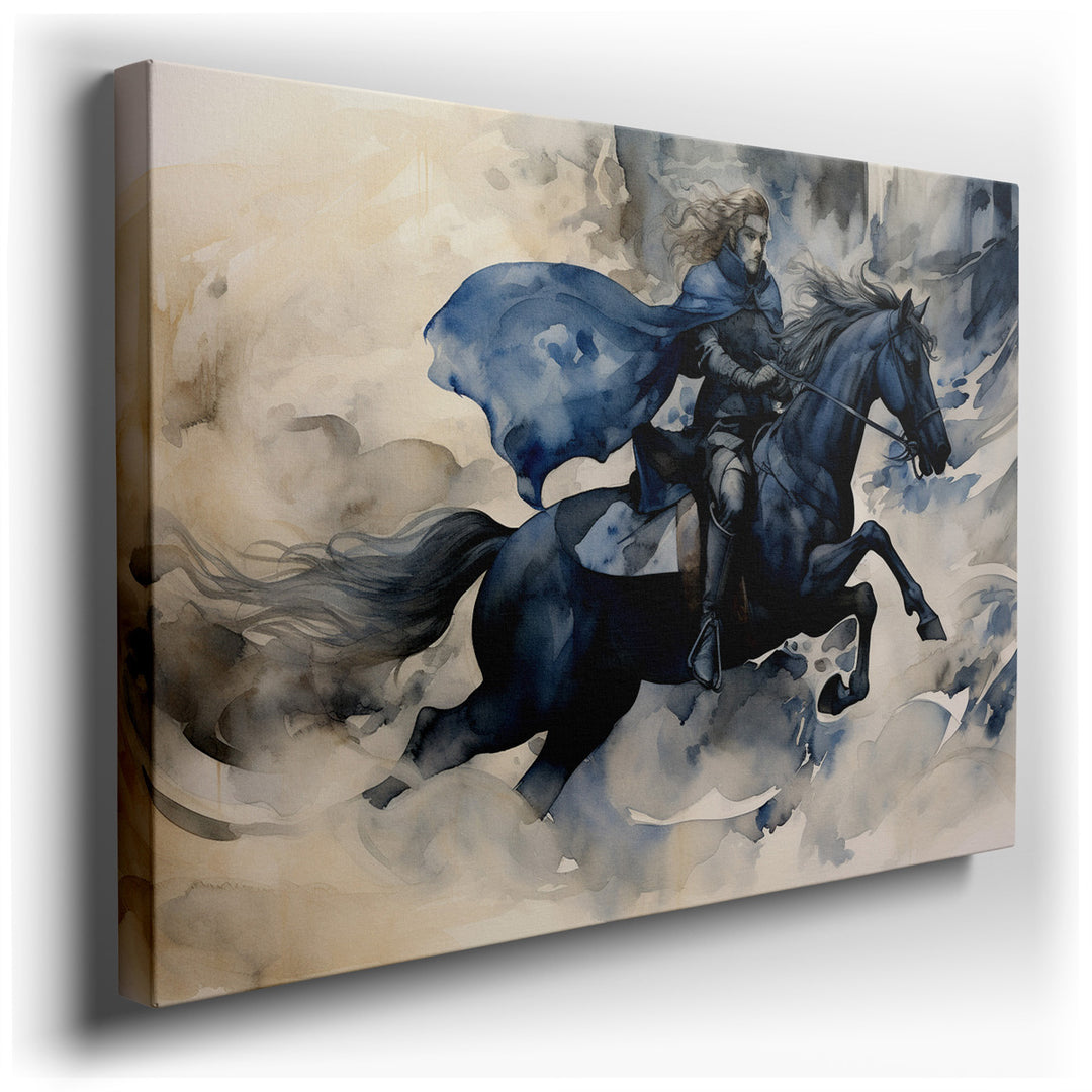 canvas print on wrapped canvas for wall decor – This wall art, a striking portrayal of a heroic figure astride a majestic horse, is a masterpiece that captures the esse...