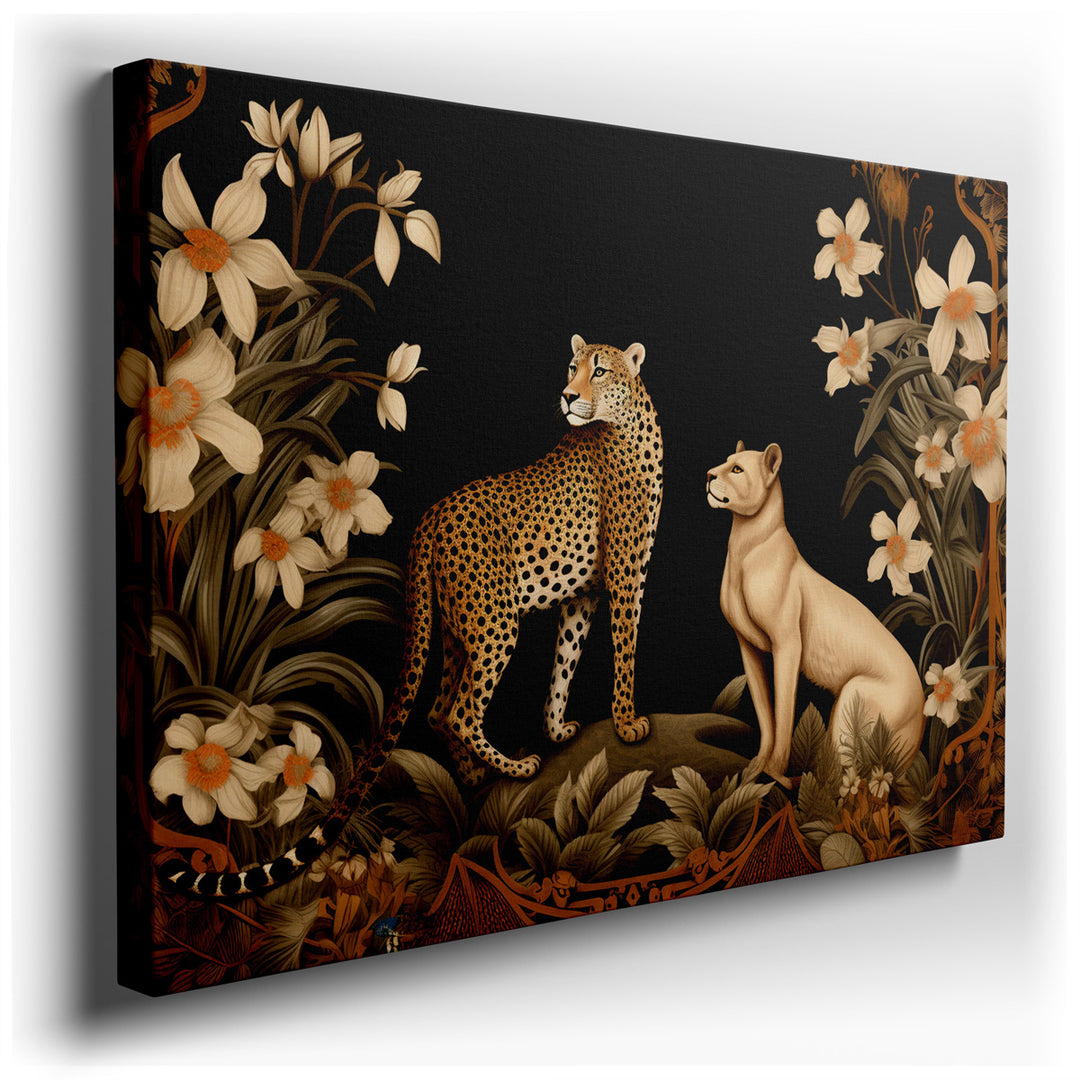 canvas print on wrapped canvas for wall decor – This exquisite wall art, a masterful blend of art and nature, portrays a leopard and a lioness elegantly intertwined wit...