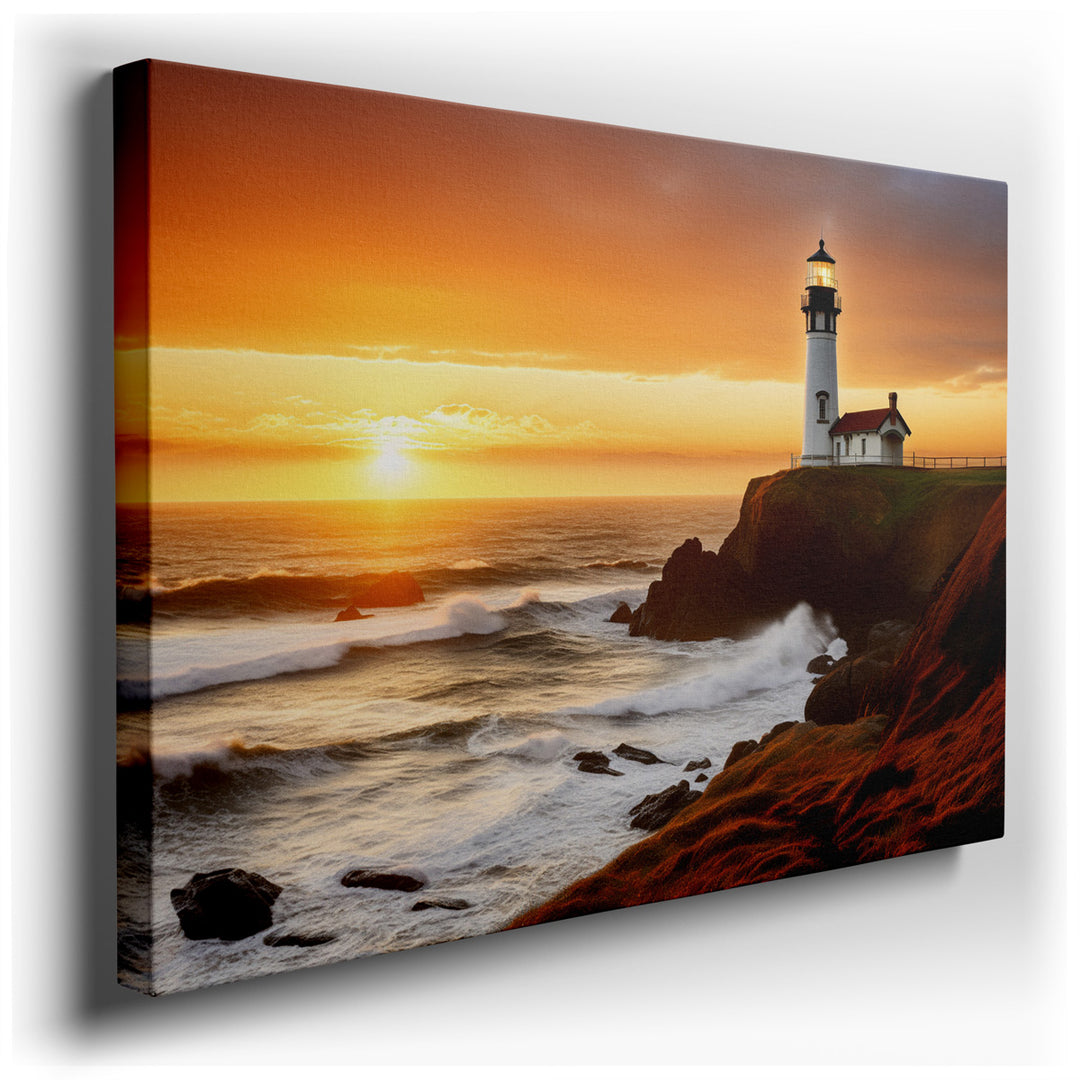 canvas print on wrapped canvas for wall decor – This captivating wall art portrays a majestic lighthouse, its structure standing resilient and proud against the formida...