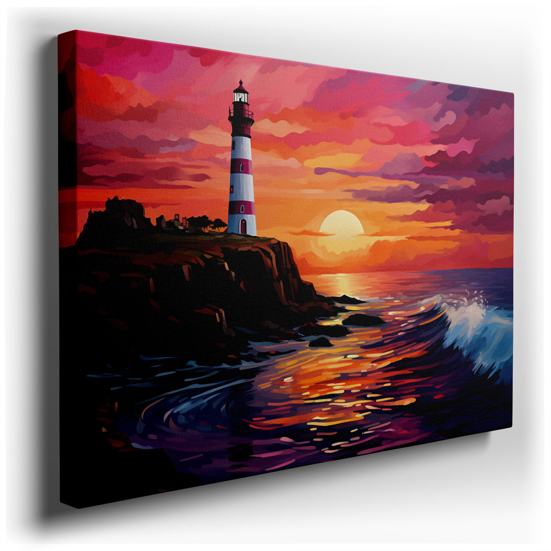 canvas print on wrapped canvas for wall decor – This wall art, a masterful portrayal of a lighthouse standing resilient against the backdrop of a breathtaking sunset, i...