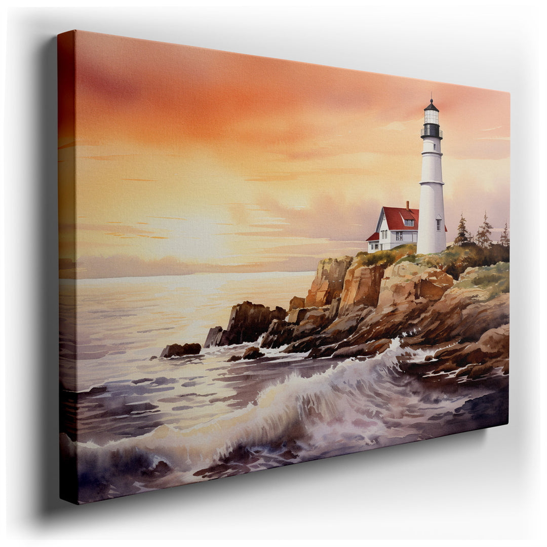 canvas print on wrapped canvas for wall decor – This exquisite watercolor wall art masterfully captures the serene yet awe-inspiring essence of a lighthouse standing gu...
