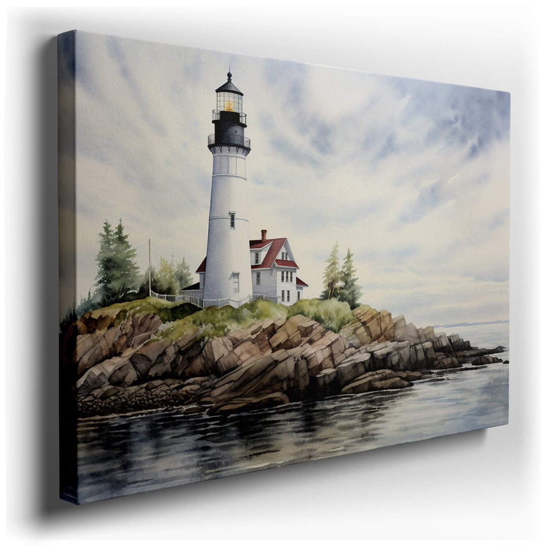 canvas print on wrapped canvas for wall decor – This wall art, a serene depiction of a lighthouse standing majestically on a rugged coastline, is a masterpiece that cap...