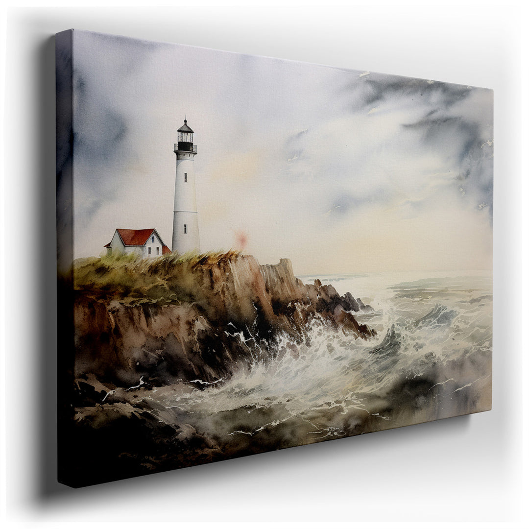 canvas print on wrapped canvas for wall decor – This exquisite watercolor wall art captures a breathtaking scene of a lighthouse steadfastly perched on a rugged cliff,...