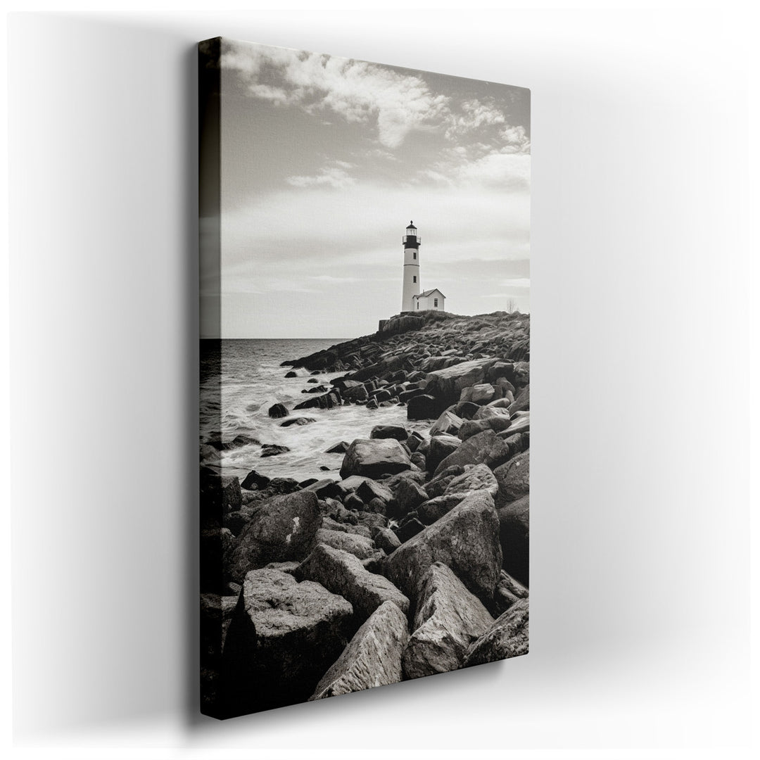canvas print on wrapped canvas for wall decor – This captivating black and white photograph masterfully captures the solitary grandeur of a lighthouse standing resilien...