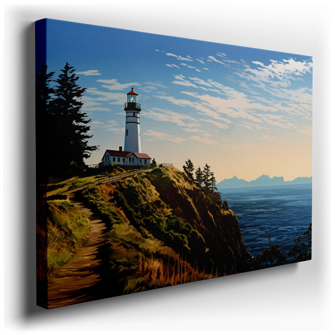 canvas print on wrapped canvas for wall decor – This wall art, a captivating portrayal of a lighthouse standing majestically on a rugged coastline, is an exquisite piec...